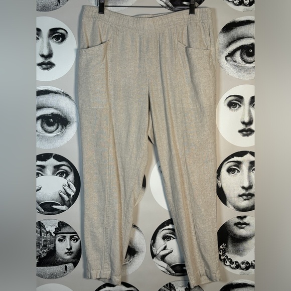 Old Navy Tan Flax Linen Taper Pull On Pants w/ Hidden Drawstring Belt, Sz L - Picture 2 of 11